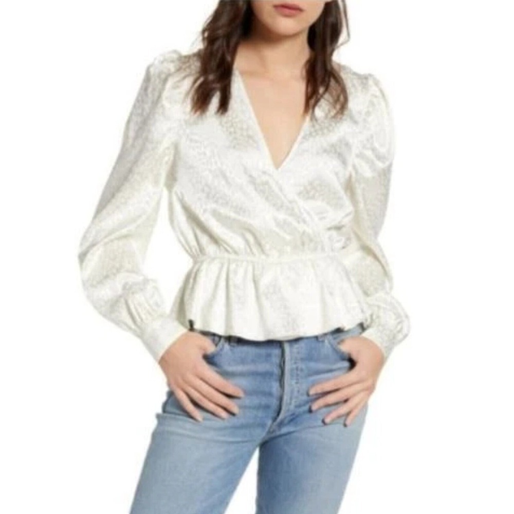 Y2K Chelsea.28 Shiny Peplum Blouse Long Sleeve Surplice Faux Wrap Party Top